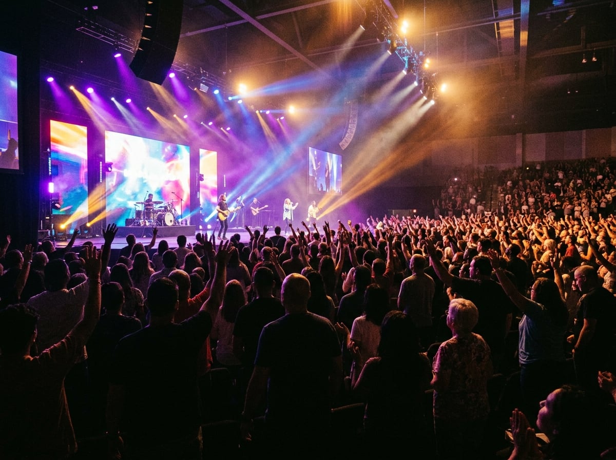 Large worship conference with colorful stage lighting
